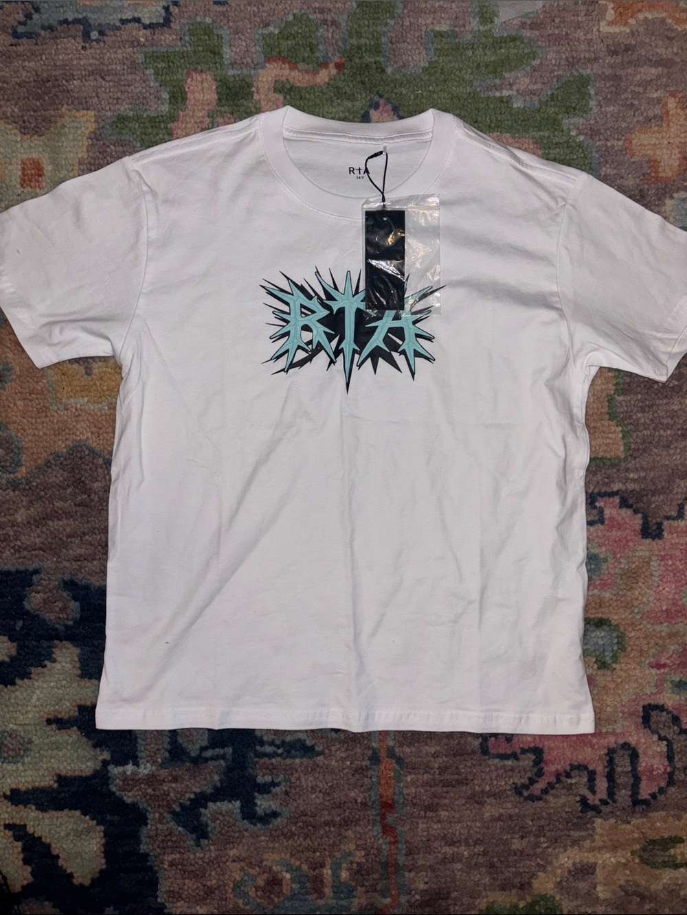 RtA White Tee with Teal and Black Spiky Logo